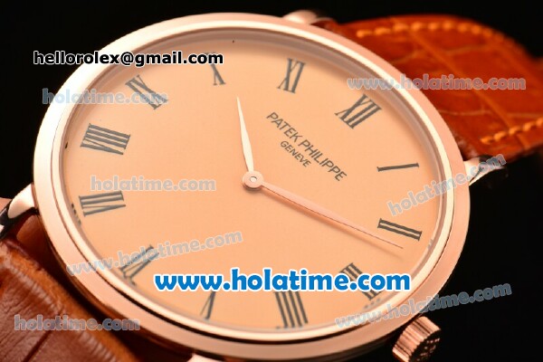 Patek Philippe Calatrava Miyota OS2035 Quartz Rose Gold Case with Roman Numeral Markers Champagne Dial and Brown Leather Strap - Click Image to Close